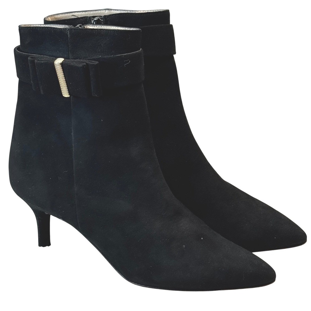 Amalfi by‎ Rangoni Firenze Black Suede Ankle Boots 6.5M Bow Gold Hardware Italy